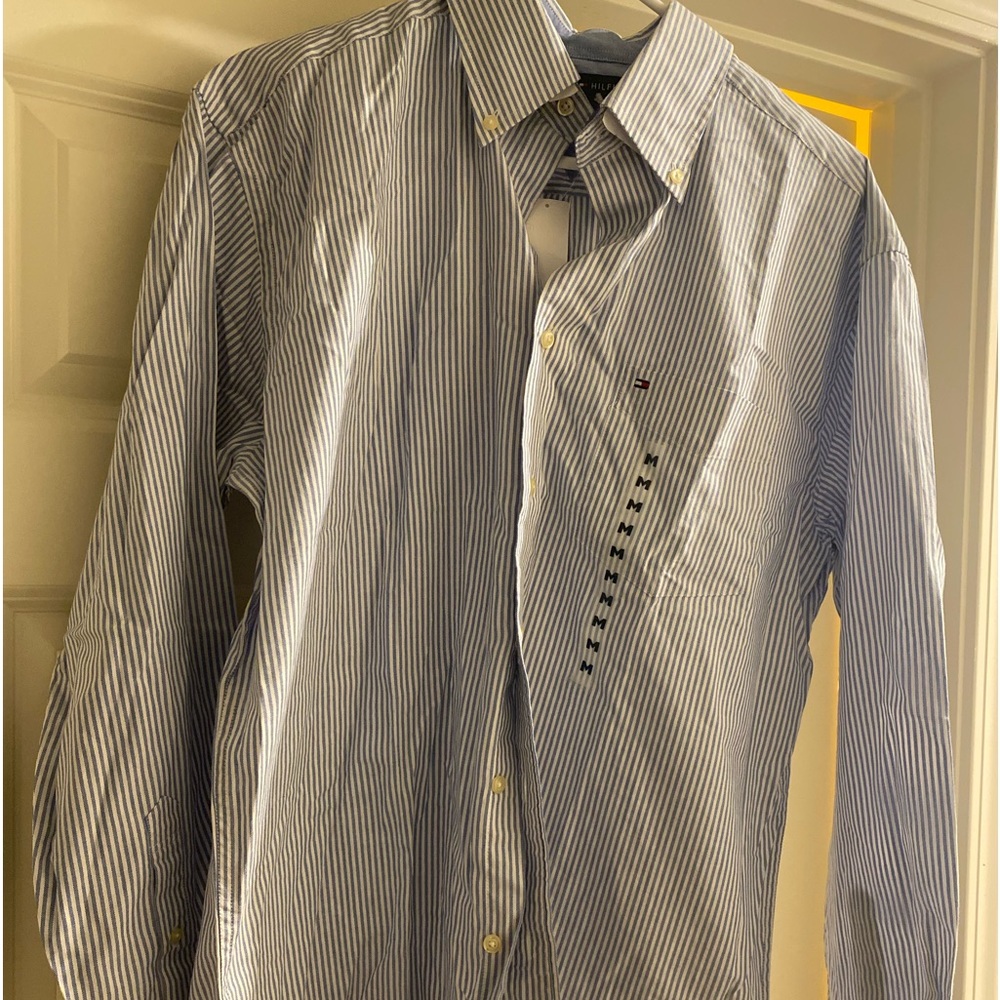 NWT Tommy Hilfigher men button up  cotton long sleeve striped denim/white